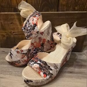 Floral Wedge Sandals with Ribbon Ties